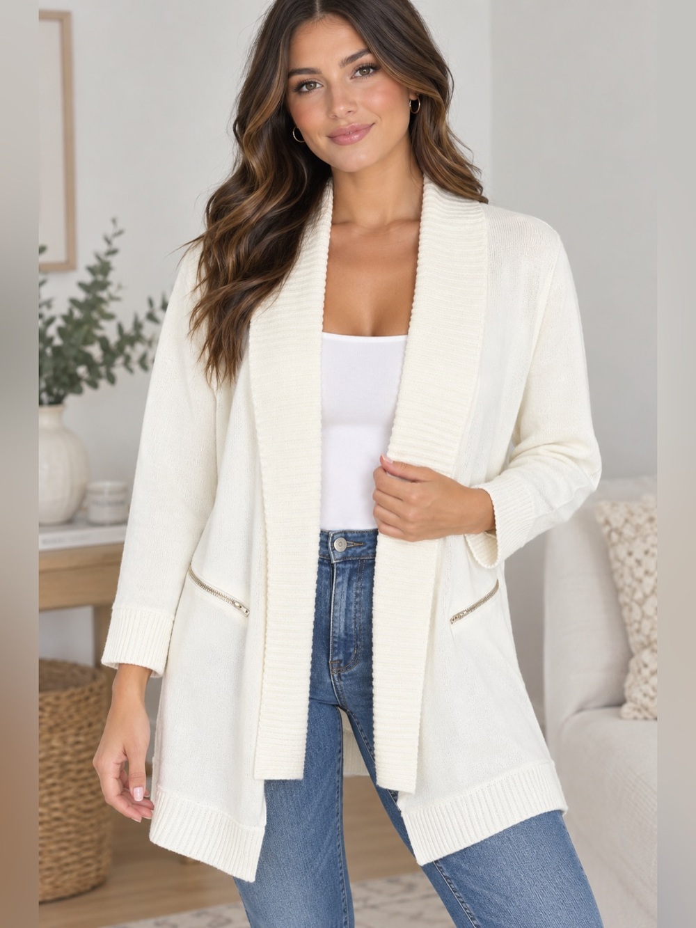 INC International Concepts Cream Open-Front Shawl Collar Cardigan